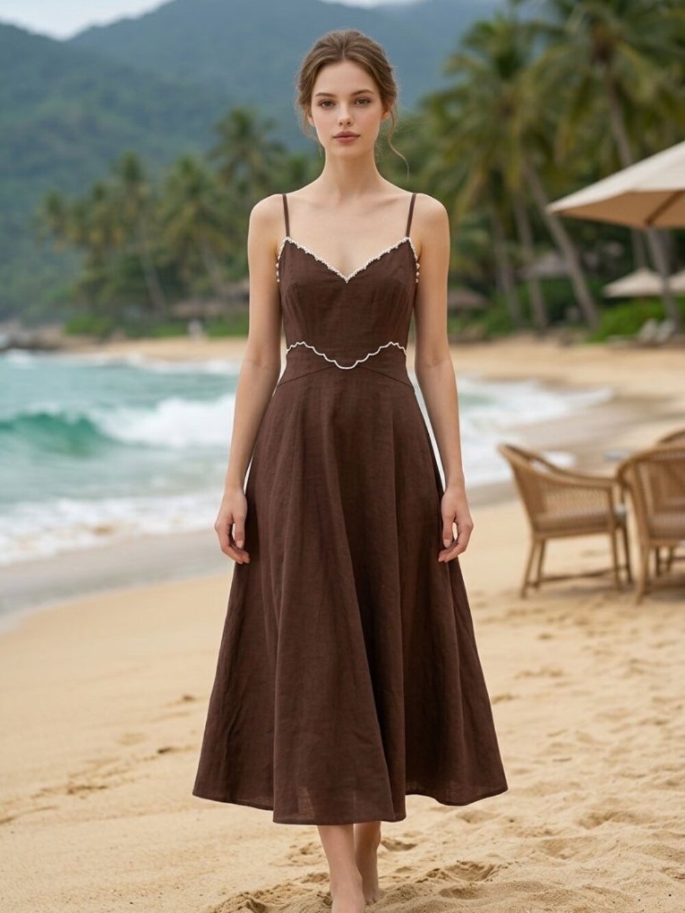 NWT Caroline Constas Brown Linen Blend Scallop Trim Midi Dress Size M